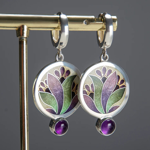 Orecchini boho con cristalli viola in argento sterling