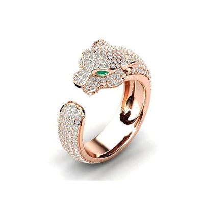 Anello Jaguar Regolabile in Oro Rosa 18 Carati e Argento con Occhi in Zirconia Verde