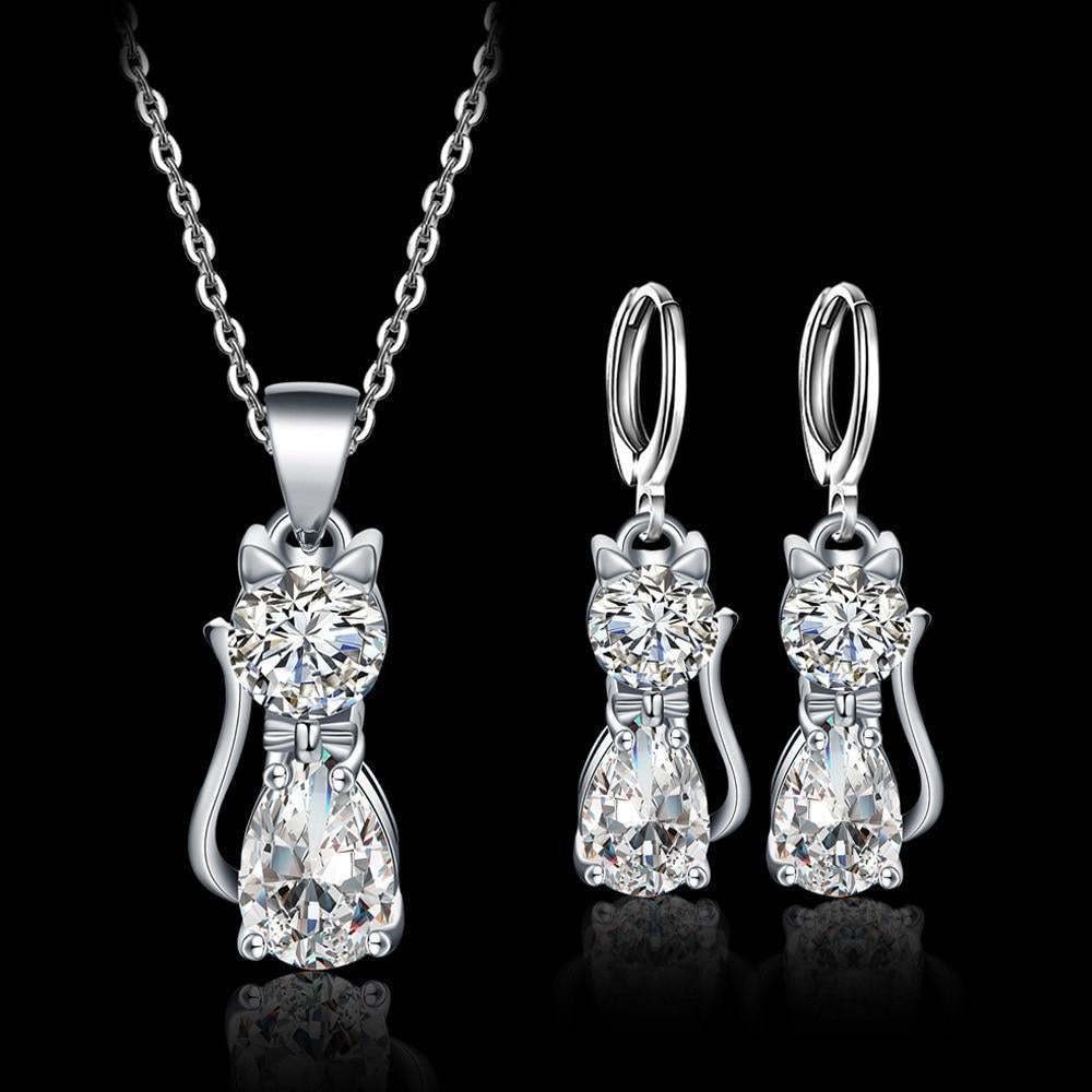 Set Collana + Orecchini Gattini Felici in Argento e Zirconi Lucidi Bianchi